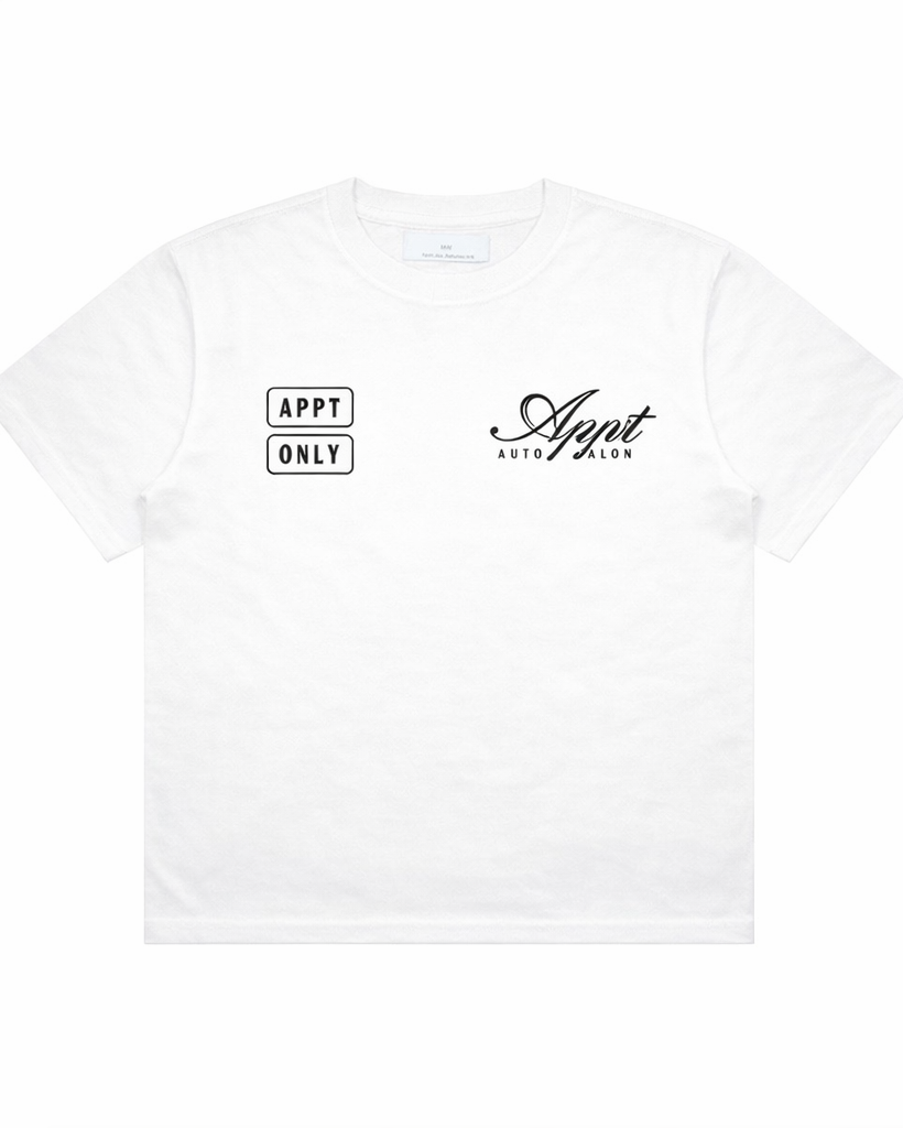 White t-shirt with 'APPT' branding on a white background