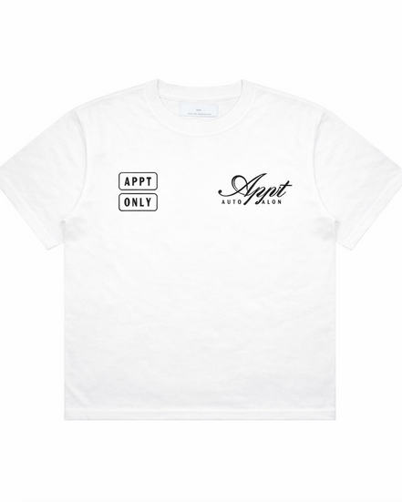 White t-shirt with 'APPT' branding on a white background