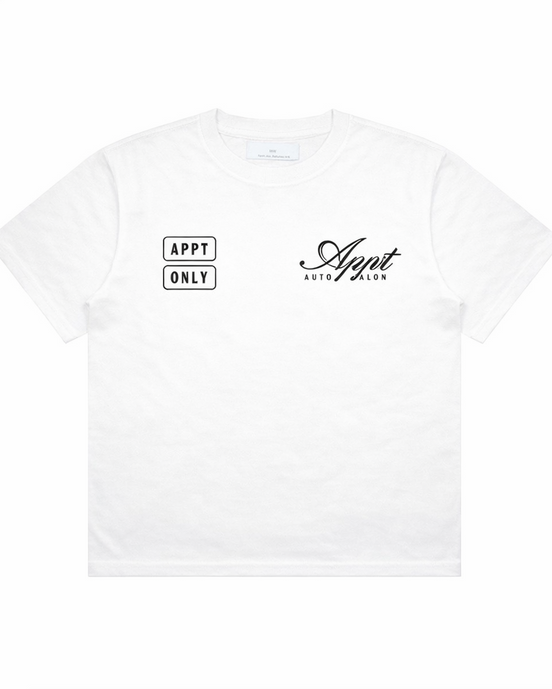White t-shirt with 'APPT' branding on a white background