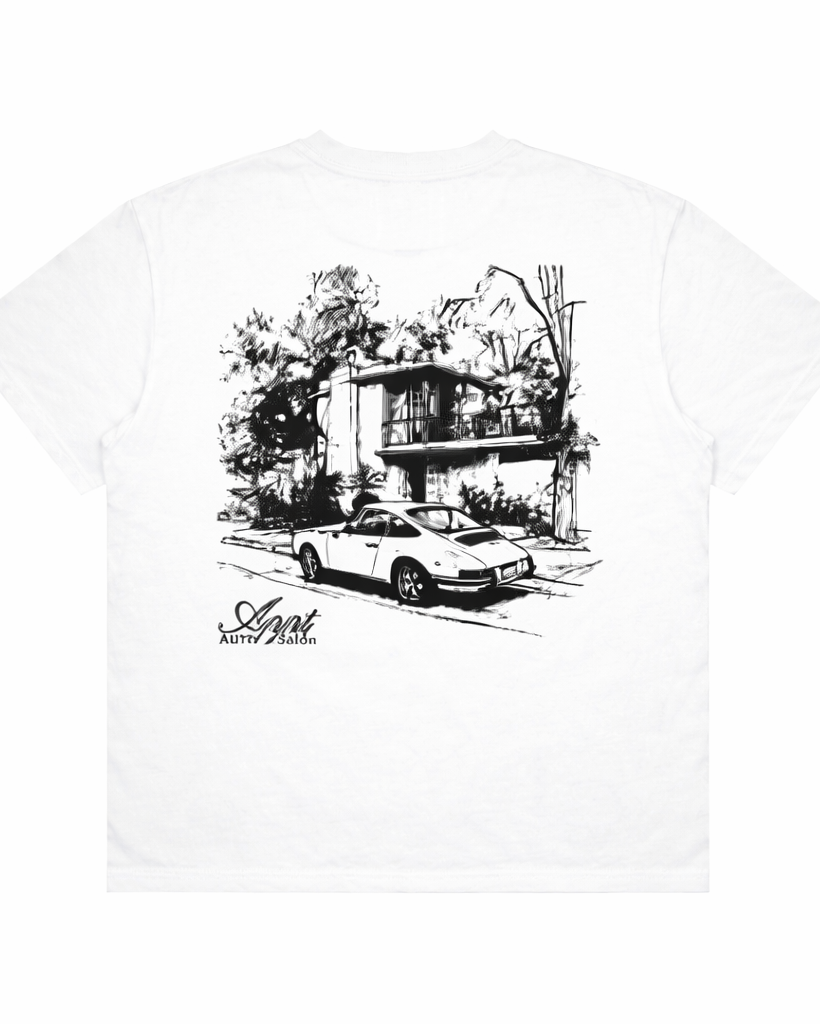 White t-shirt with black graphic of a car and house, brand 'Appt' visible.