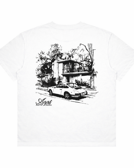 White t-shirt with black graphic of a car and house, brand 'Appt' visible.