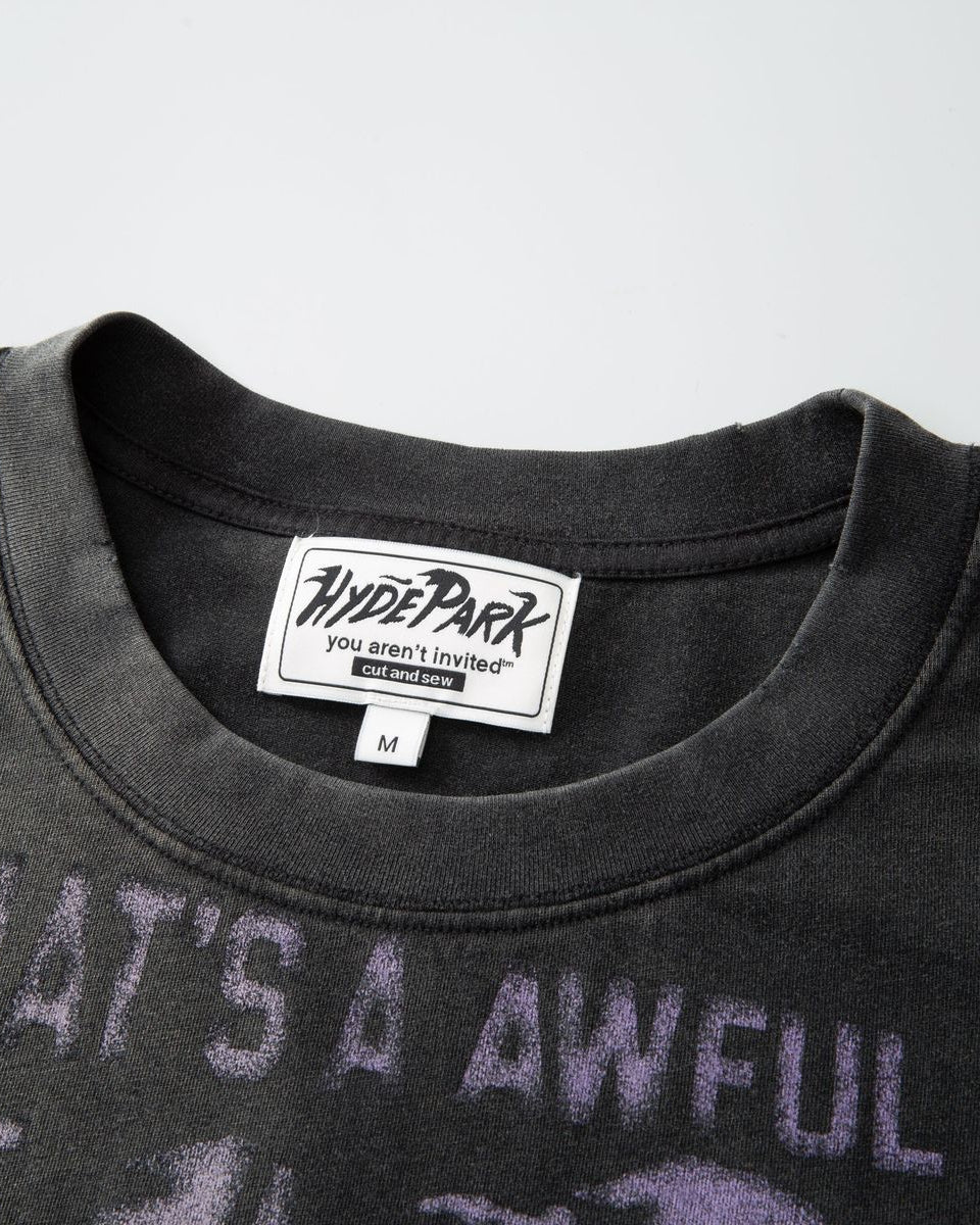 Black t-shirt with visible text and Hyde Park label on a white background