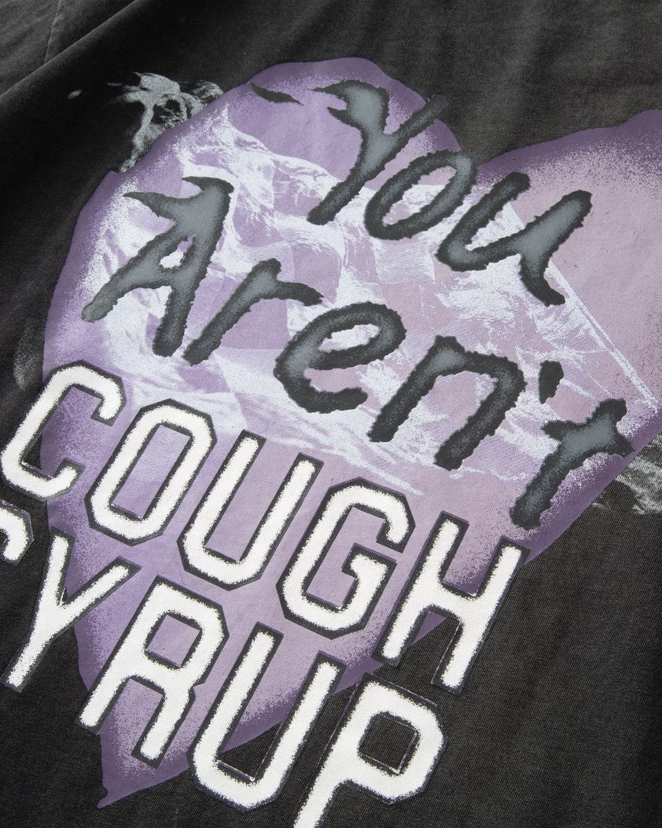 Black t-shirt with a purple heart-shaped design and text on a dark background