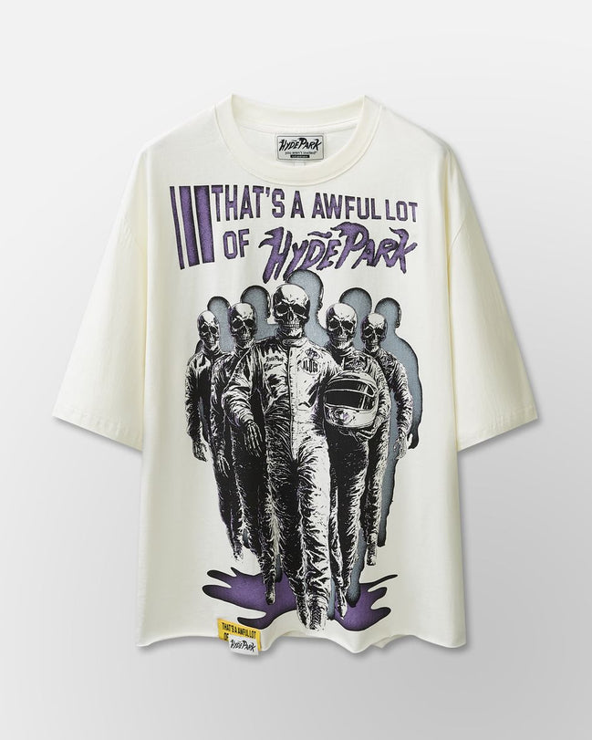 White t-shirt with graphic design and text on a white background