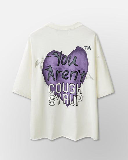 White t-shirt with purple graphic and text on a light gray background