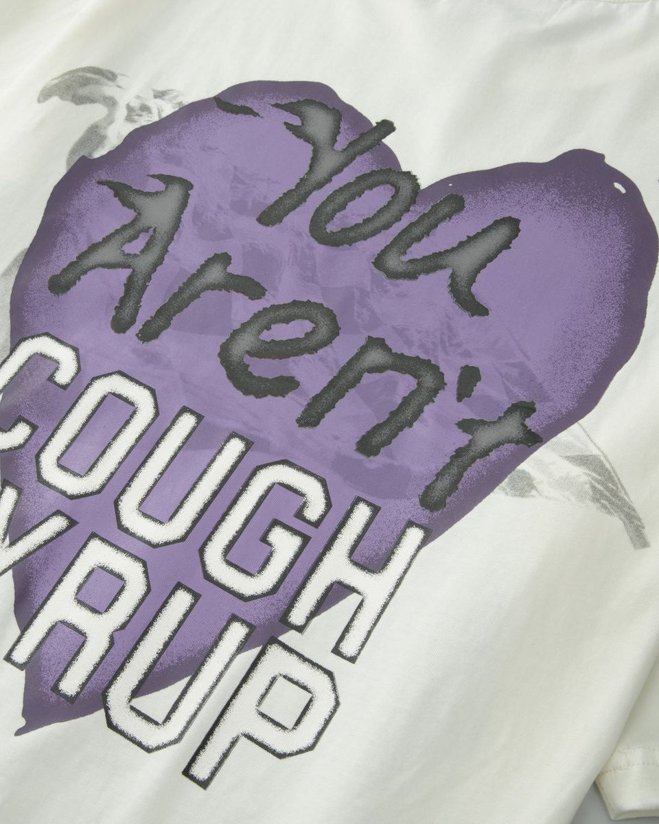 White t-shirt with purple and black text design on a white background