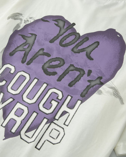 White t-shirt with purple and black text design on a white background