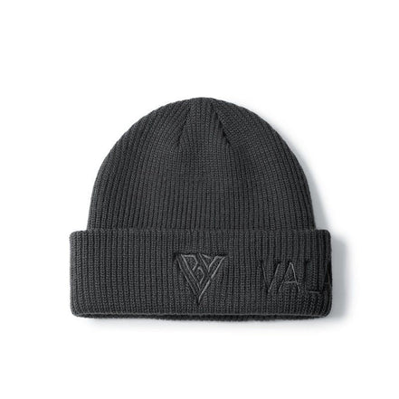 A dark gray ribbed knit beanie hat with an embossed logo on the folded cuff, shown against a plain white background.