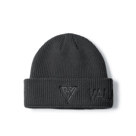 A dark gray ribbed knit beanie hat with an embossed logo on the folded cuff, shown against a plain white background.