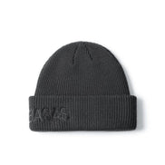 A dark gray ribbed knit beanie hat with the brand name 'VALABASAS' embroidered in tonal dark gray on the folded cuff, shown against a plain white background.