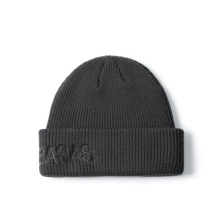 A dark gray ribbed knit beanie hat with the brand name 'VALABASAS' embroidered in tonal dark gray on the folded cuff, shown against a plain white background.