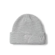 Gray knit beanie with a logo on a white background