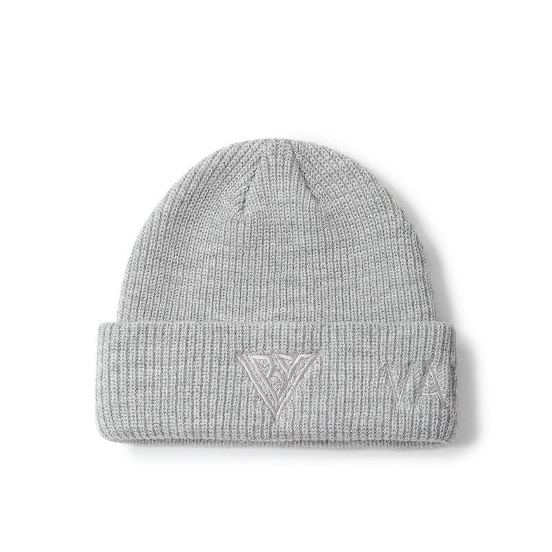 Gray knit beanie with a logo on a white background
