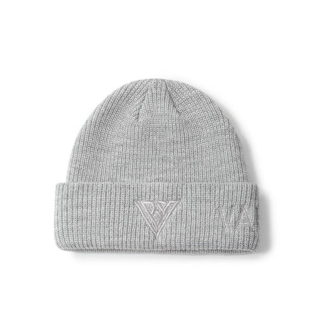 Gray knit beanie with a logo on a white background
