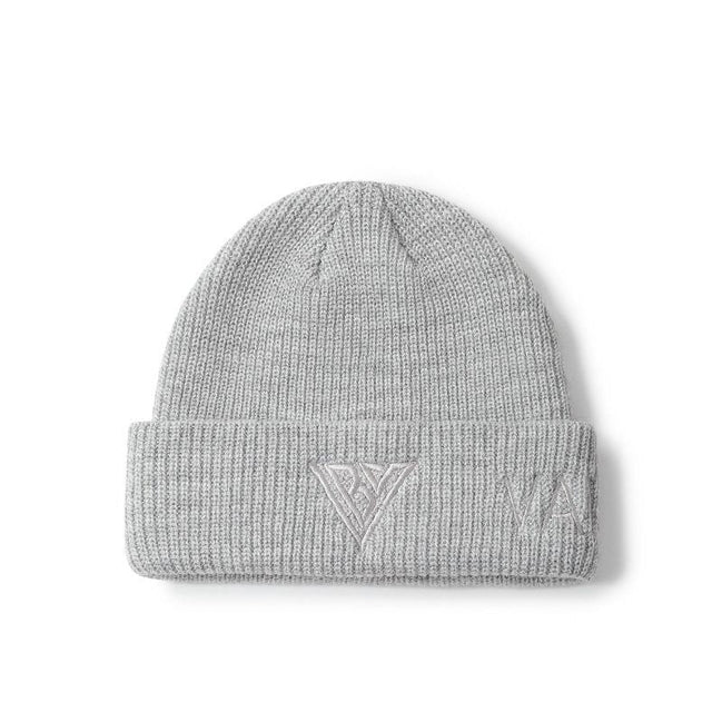 Gray knit beanie with a logo on a white background