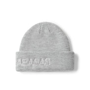 A light gray ribbed knit beanie hat with the word 'VALABASAS' embroidered in matching light gray on the folded cuff, shown against a plain white background.
