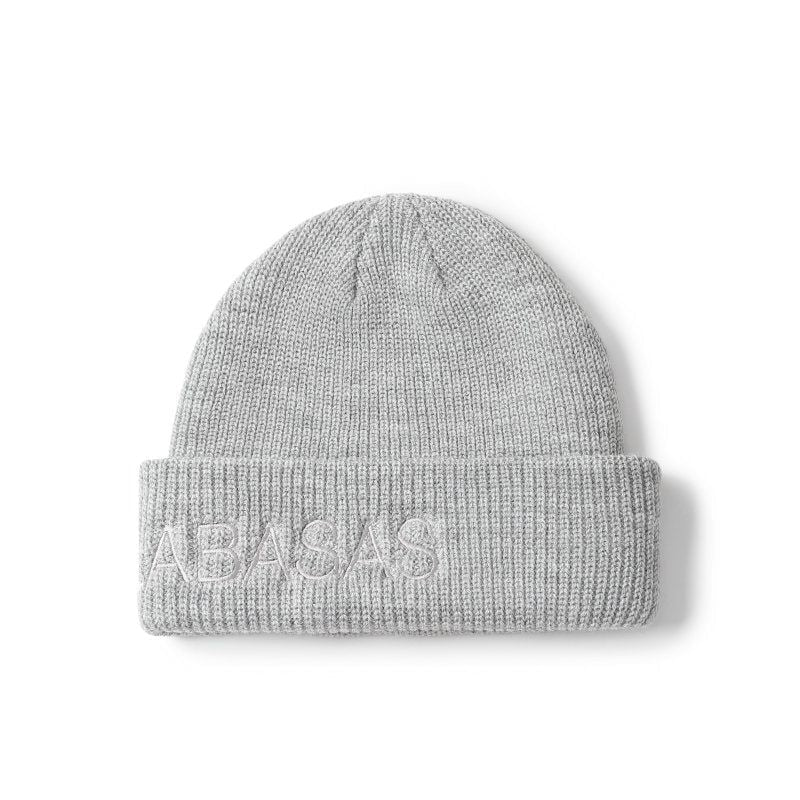 A light gray ribbed knit beanie hat with the word 'VALABASAS' embroidered in matching light gray on the folded cuff, shown against a plain white background.