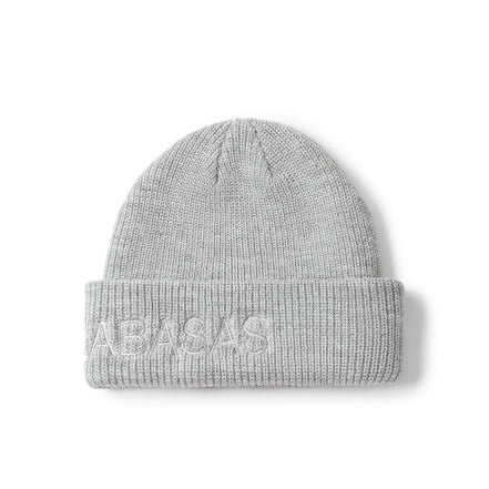 A light gray ribbed knit beanie hat with the word 'VALABASAS' embroidered in matching light gray on the folded cuff, shown against a plain white background.