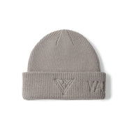 Beige knit beanie with a logo on a white background