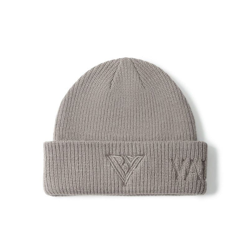 Beige knit beanie with a logo on a white background
