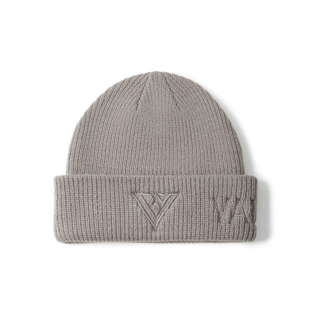 Beige knit beanie with a logo on a white background