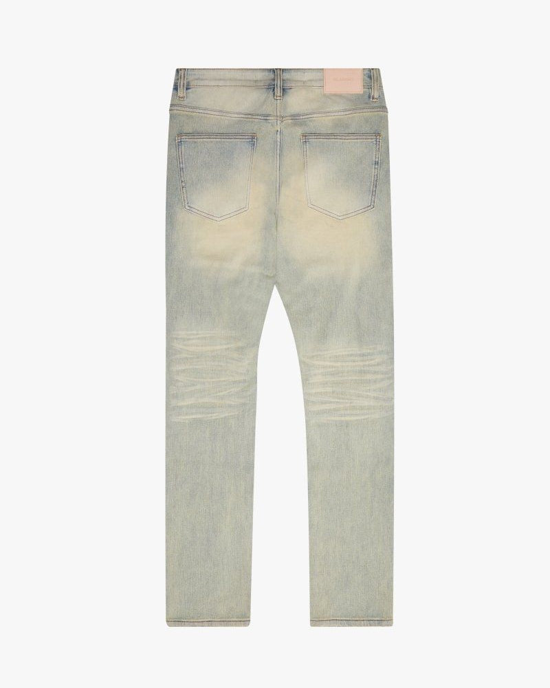 Light blue distressed jeans on a white background