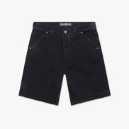 Black denim shorts on a white background