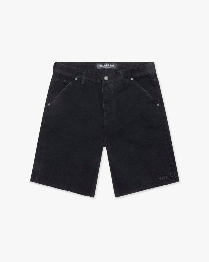 Black denim shorts on a white background