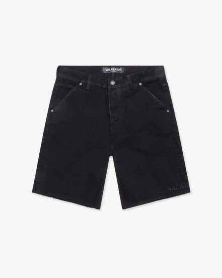 Black denim shorts on a white background