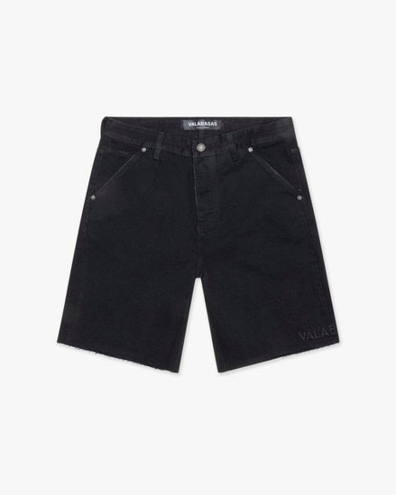 Black denim shorts on a white background