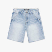 Light blue denim shorts on a white background