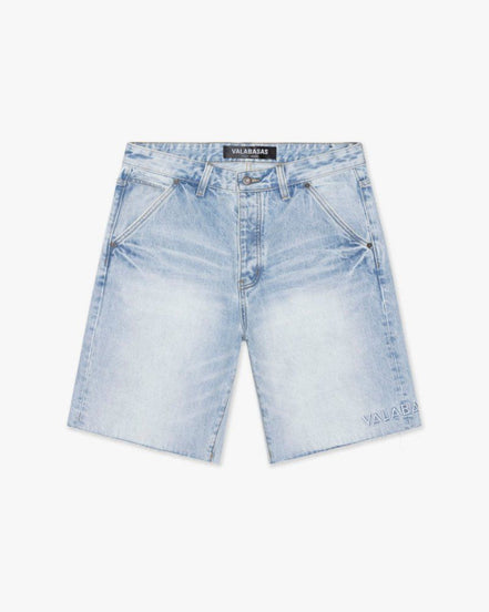 Light blue denim shorts on a white background