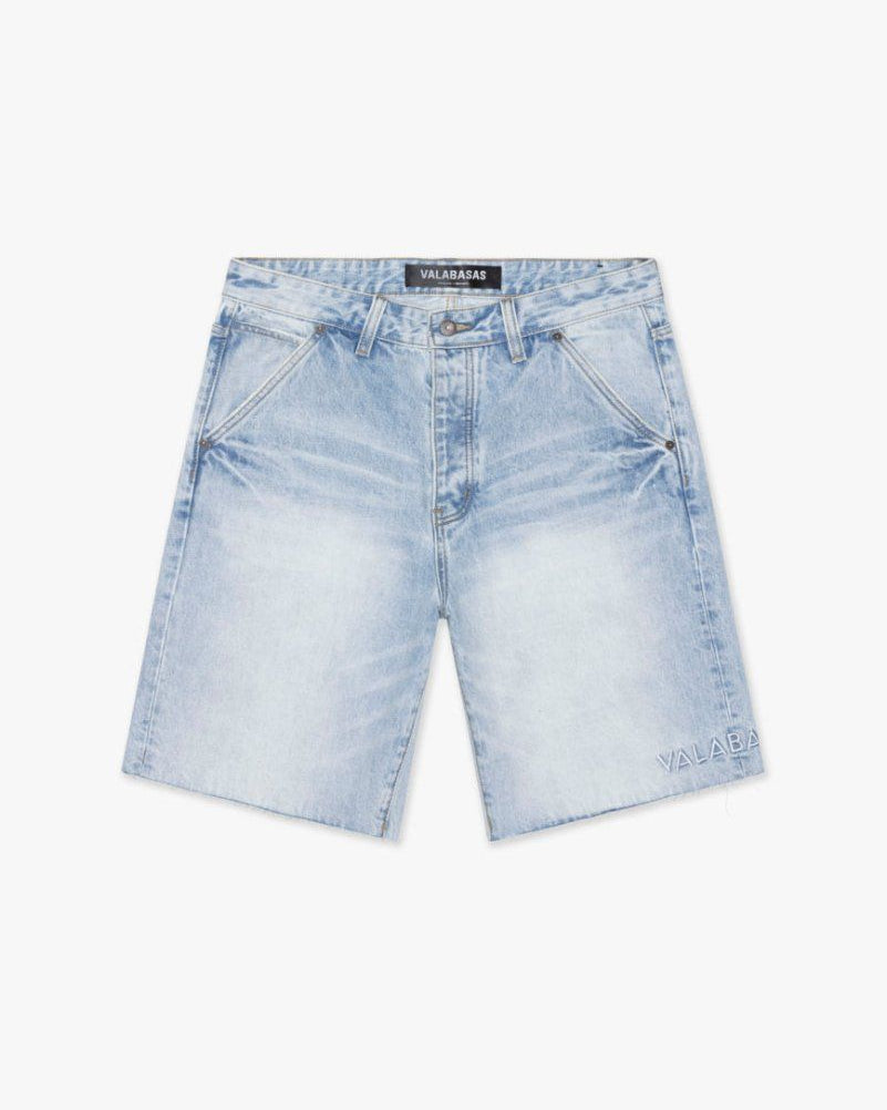 Light blue denim shorts on a white background