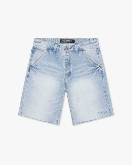 Light blue denim shorts on a white background