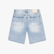 Light blue denim shorts on a white background