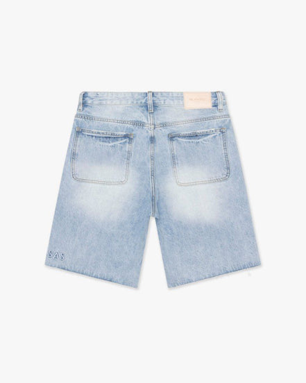 Light blue denim shorts on a white background