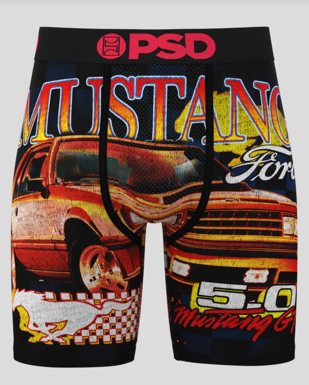 Boxer briefs with Mustang and Ford graphics on a white background