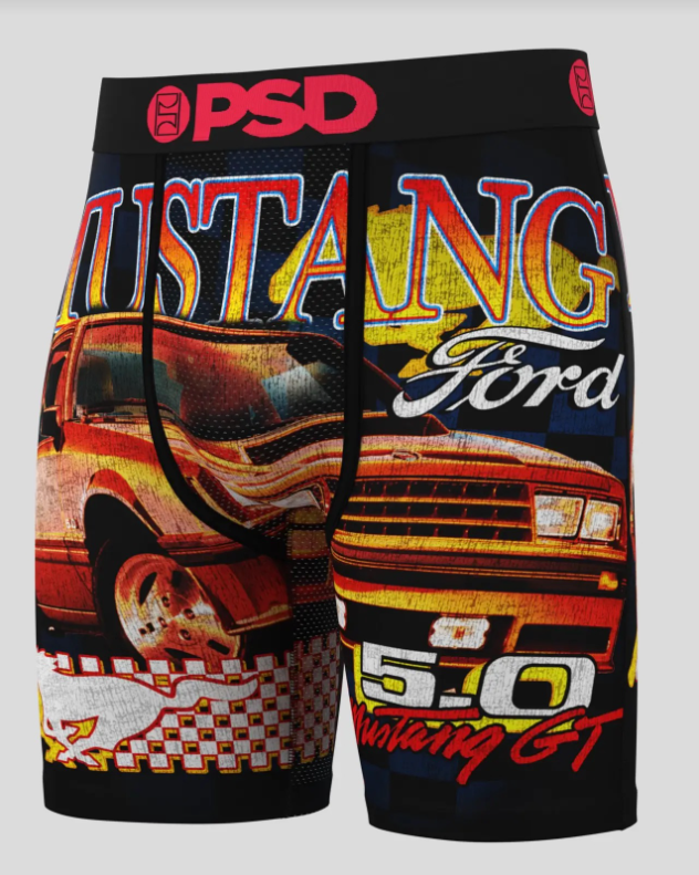 Boxer briefs with Mustang Ford graphic design on a plain background