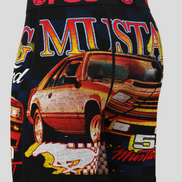 Boxer briefs with Mustang car design and 'PSD' branding on a gray background