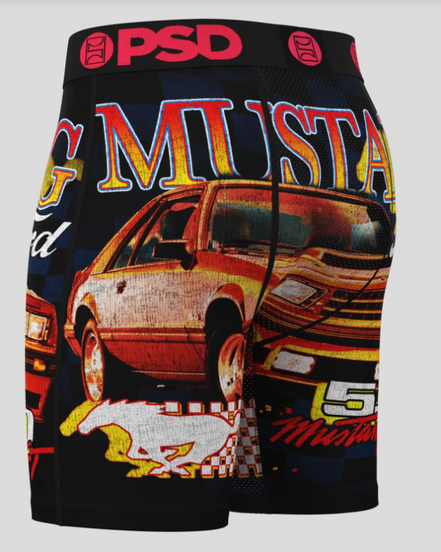 Boxer briefs with Mustang car design and 'PSD' branding on a gray background