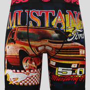 Boxer briefs with Ford Mustang graphic design on a white background