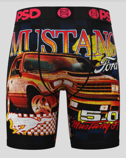 Boxer briefs with Ford Mustang graphic design on a white background