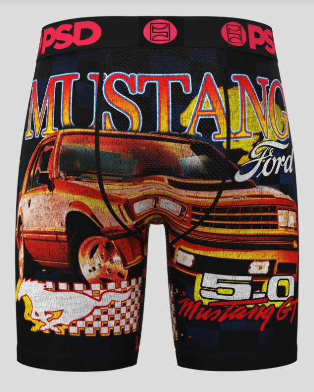 Boxer briefs with Ford Mustang graphic design on a white background