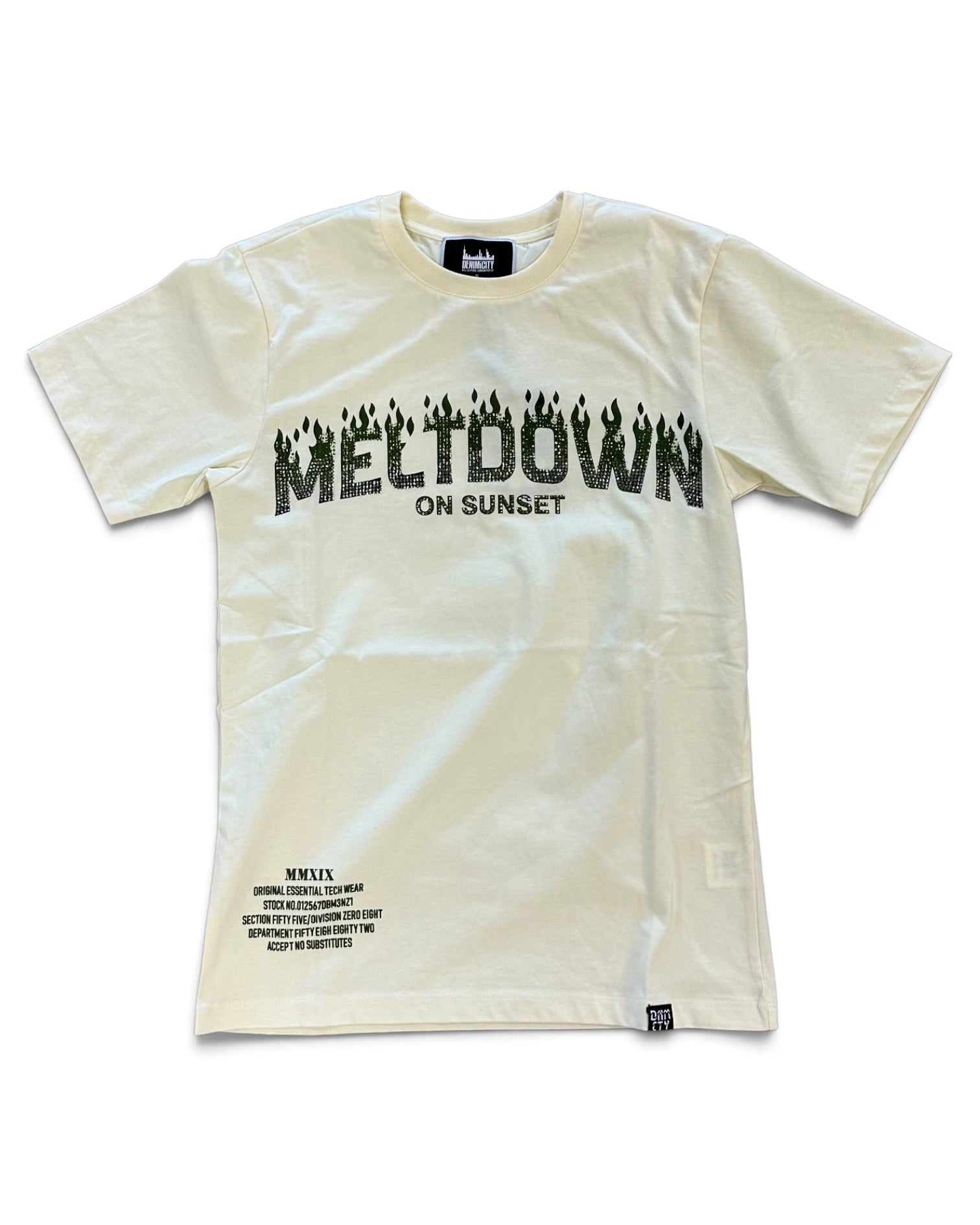 An beige short-sleeve t-shirt with a black graphic print reading 'MELTDOWN ON SUNSET' across the chest, featuring a flame-like 'M' and small black text details near the bottom hem.