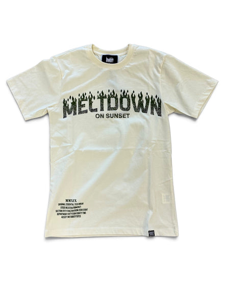 An beige short-sleeve t-shirt with a black graphic print reading 'MELTDOWN ON SUNSET' across the chest, featuring a flame-like 'M' and small black text details near the bottom hem.