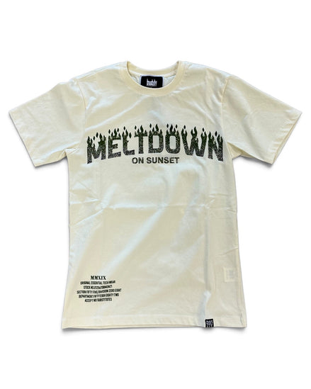 An beige short-sleeve t-shirt with a black graphic print reading 'MELTDOWN ON SUNSET' across the chest, featuring a flame-like 'M' and small black text details near the bottom hem.