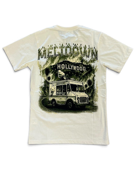 An off-white short-sleeve t-shirt with a large graphic print on the back featuring a vintage food truck under a 'Meltdown Hollywood' sign.