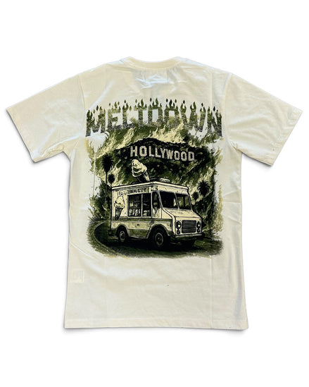 An off-white short-sleeve t-shirt with a large graphic print on the back featuring a vintage food truck under a 'Meltdown Hollywood' sign.