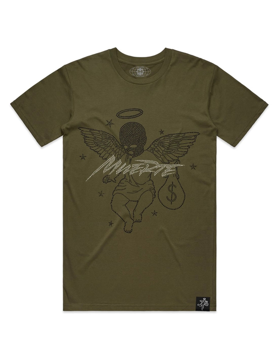 Hustle daily Muerte Script Black Star Rhinestone Tee in army green