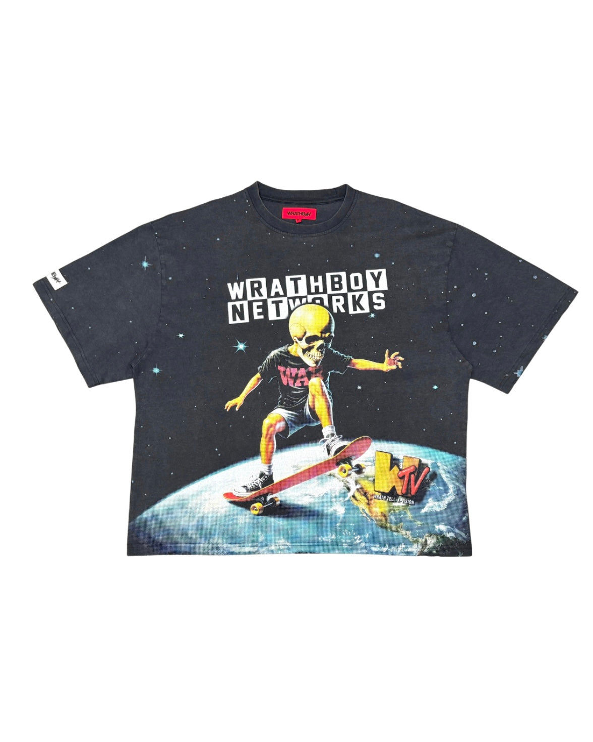 A black short-sleeve graphic t-shirt featuring a cartoon astronaut riding a skateboard on Earth from space, with the text 'WRATHBOY NETWORKS' printed above the graphic.